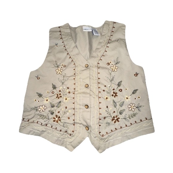 Bobbie Brooks Jackets & Blazers - Vintage Bobbie Brooks Sz M Khaki Best Embroidered Flowers Wood Button